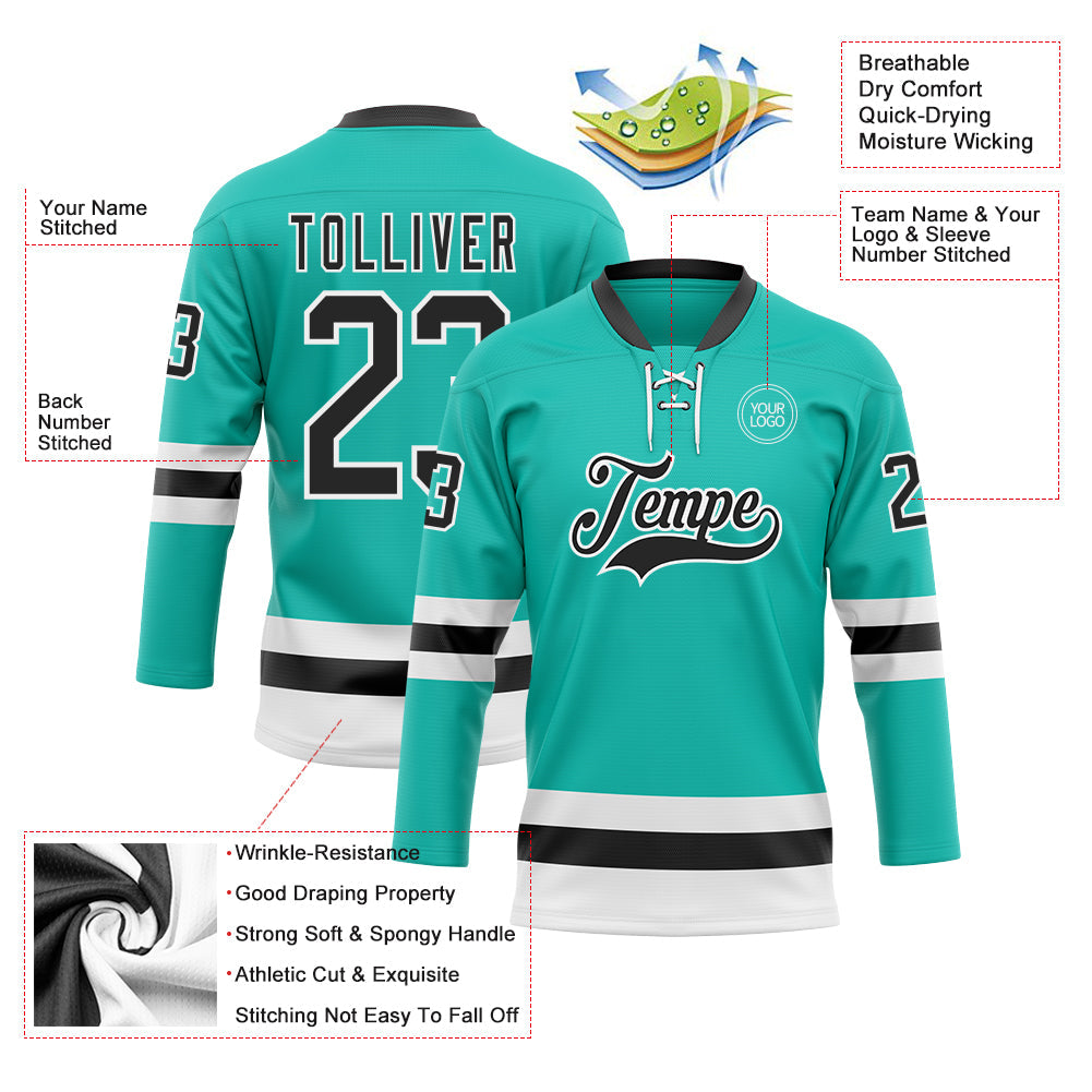 Custom Aqua Black-White Hockey Lace Neck Jersey