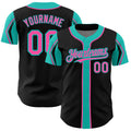 Custom Black Pink-Aqua 3 Colors Arm Shapes Authentic Baseball Jersey
