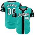 Custom Aqua White-Black 3 Colors Arm Shapes Authentic Baseball Jersey