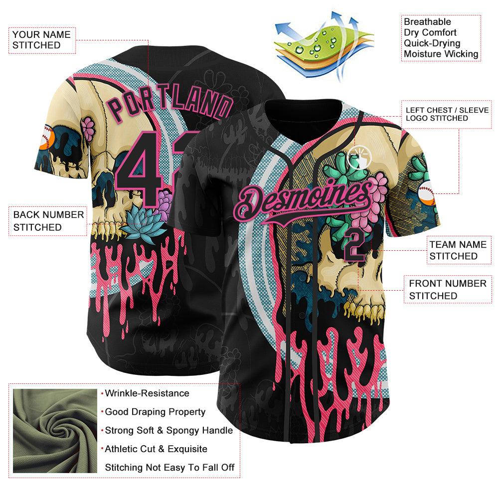 Custom Black Pink 3D Illymakes Drippy Succulent Skull Authentic Baseball Jersey