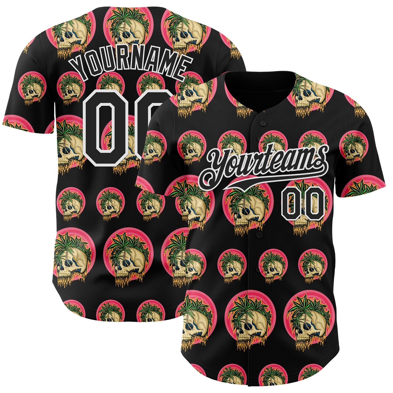 Custom Black White 3D Illymakes Drippy Tropical Skulls Authentic Baseball Jersey
