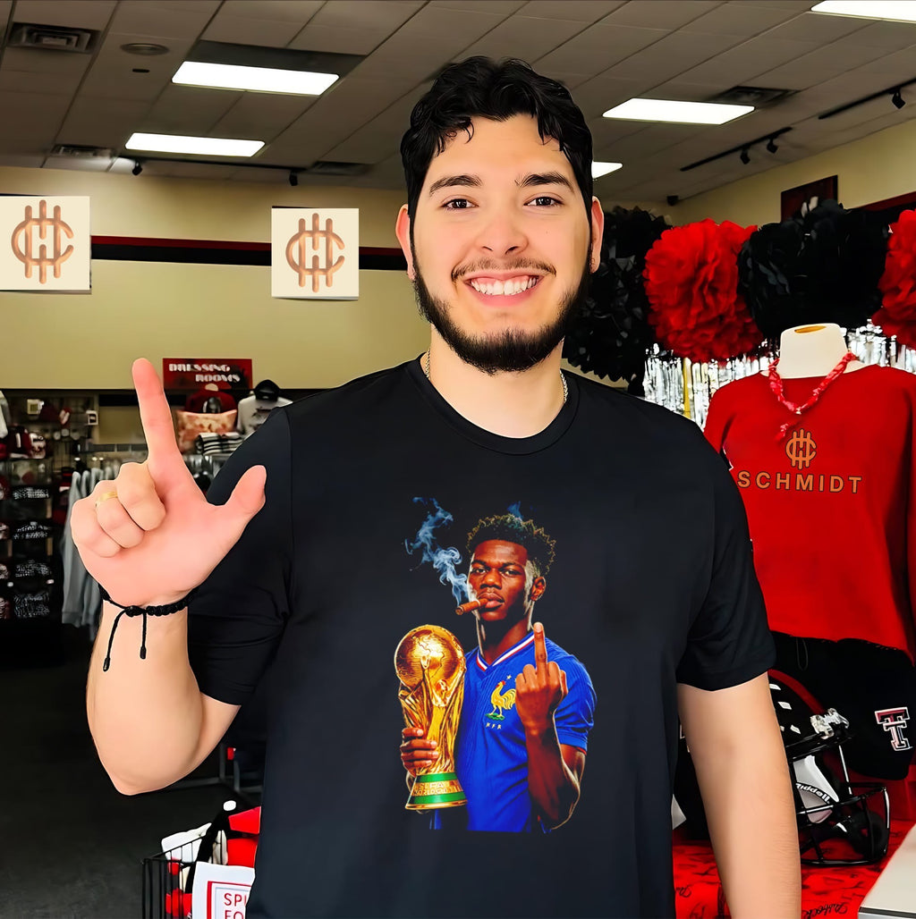 Aurelien Tchouameni France National Team World Cup trophy and middle finger shirt