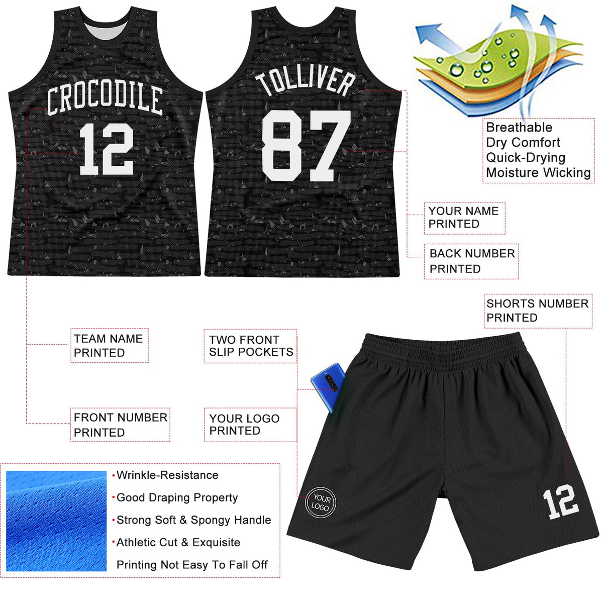 Custom Black White Fragment Art Round Neck Sublimation Basketball Suit Jersey