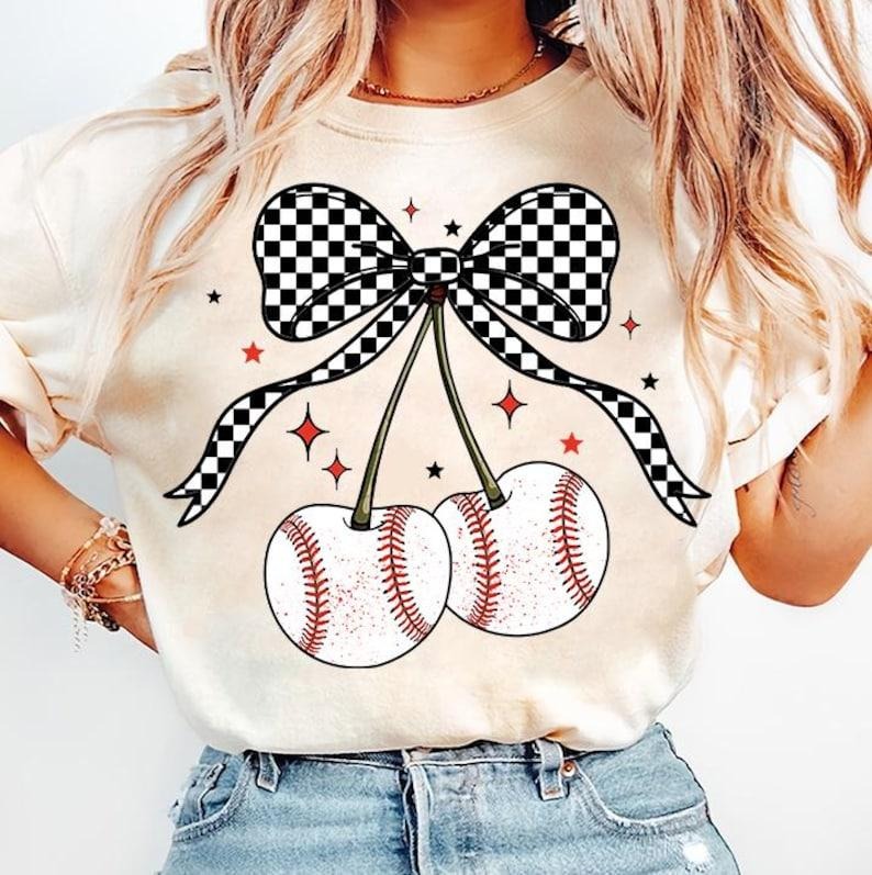 Baseball Cherries Coquette Game Day Baseball Shirt Checkered Bow Summer Mama T-Shirts