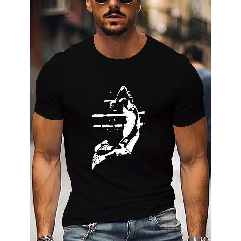 Basketball Player Print Short Sleeve Comfy Casual Elastic Crew Neck Tops Outdoor Activities Made USA T-Shirts