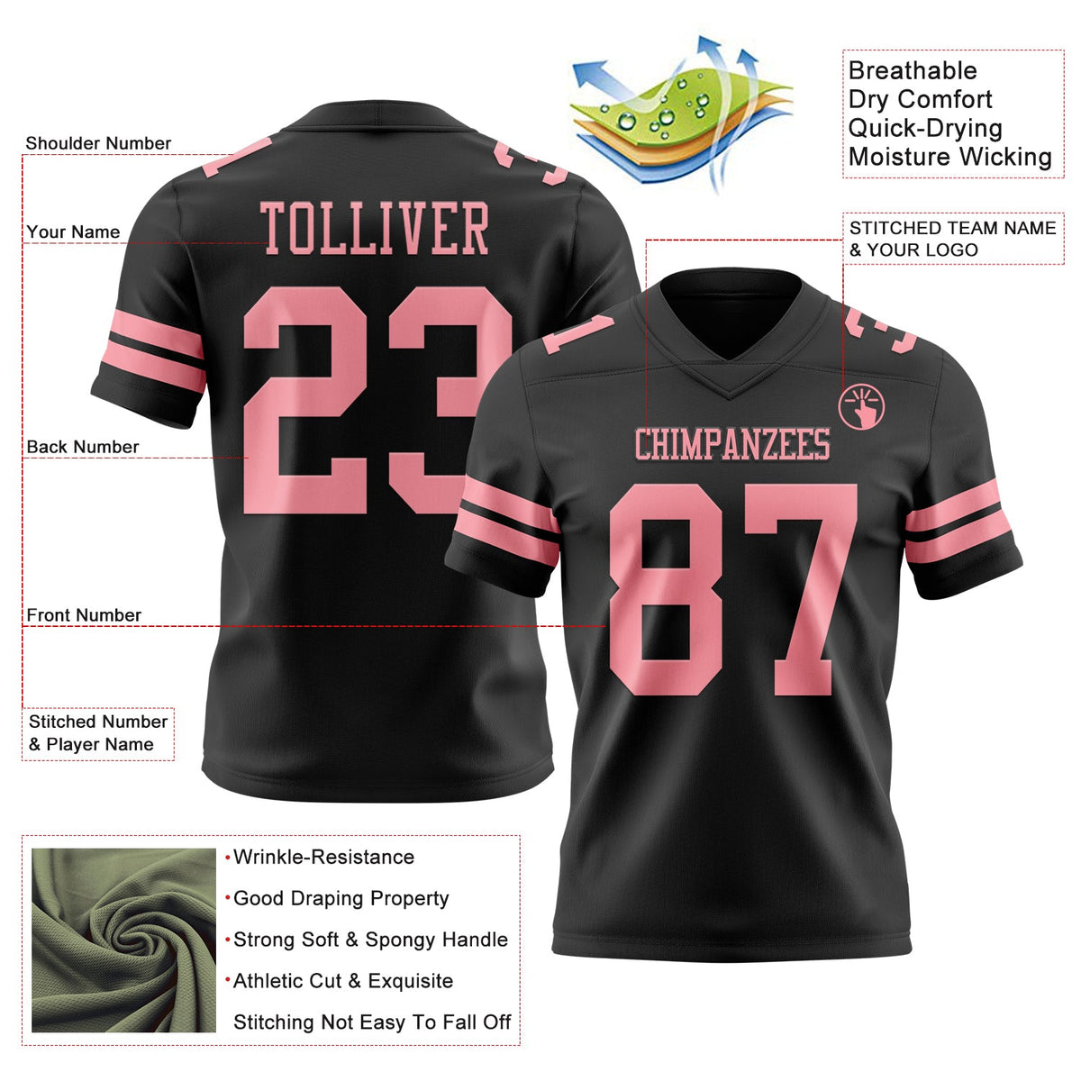 Custom Black Medium Pink Authentic Football Jersey