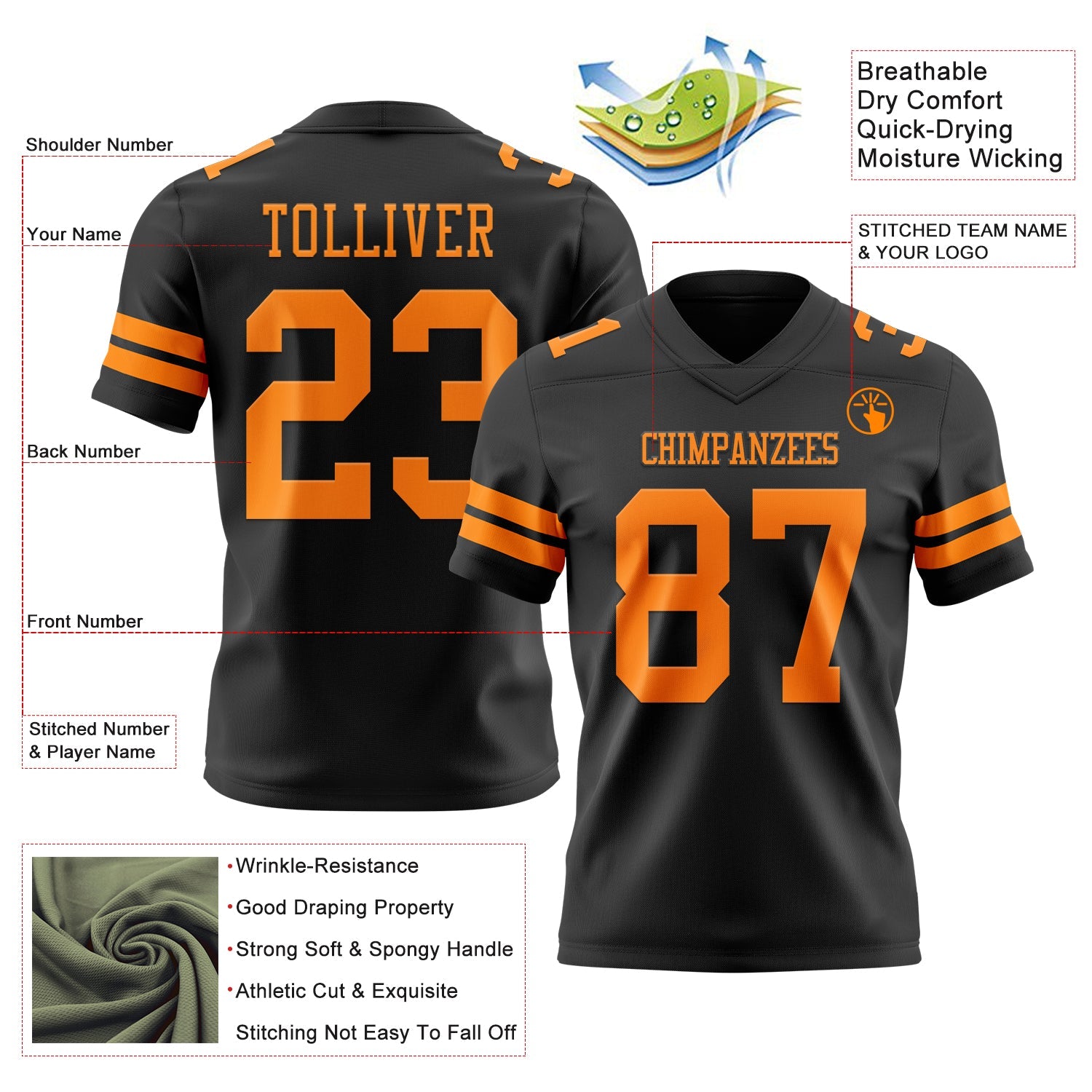 Custom Black Bay Orange Authentic Football Jersey