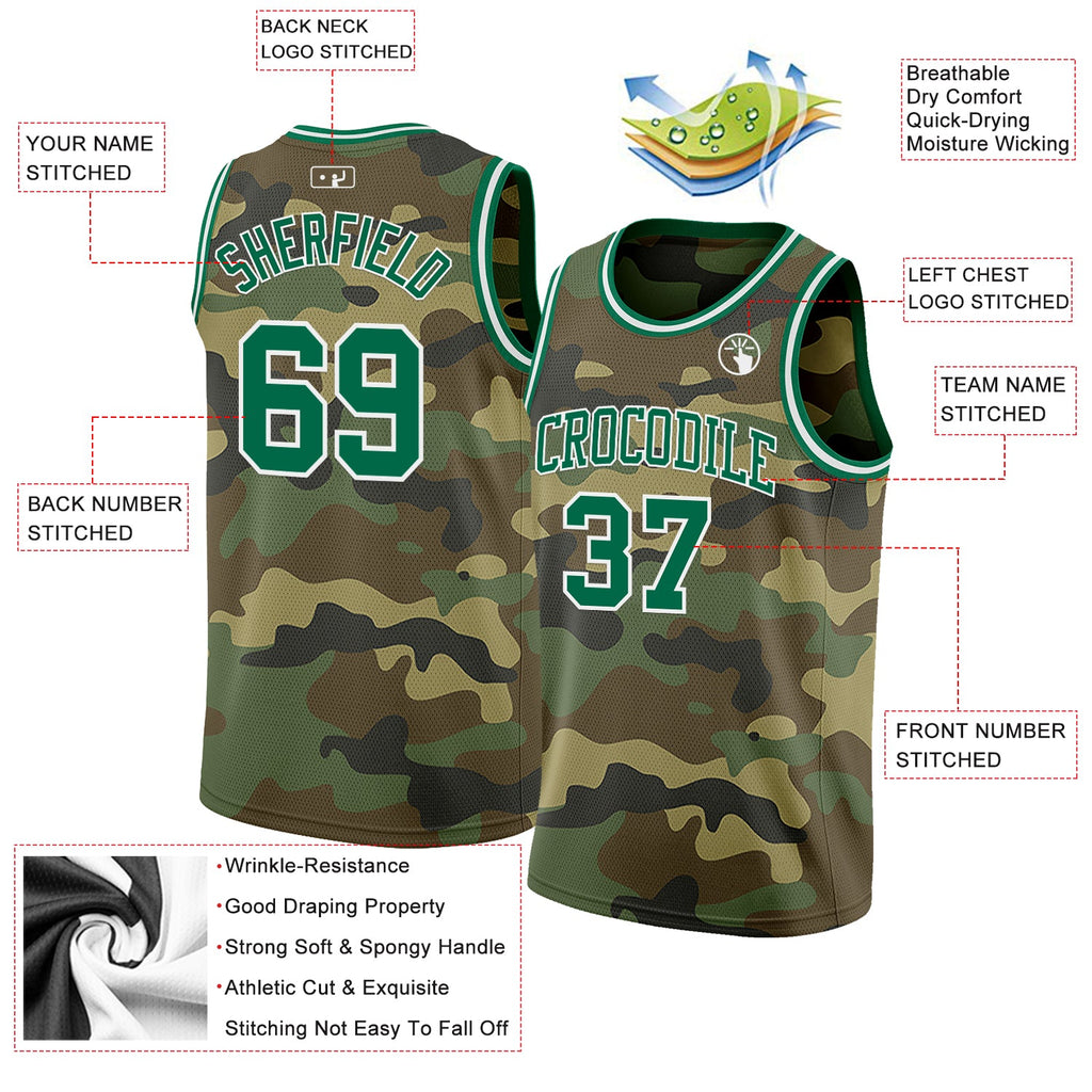 Custom Camo Kelly Green-White Authentic Salute To Service Basketball Jersey