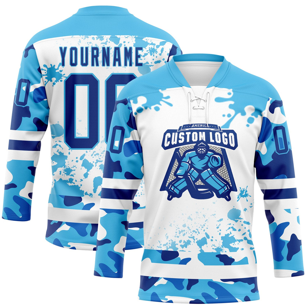 Custom Camo Royal Sky Blue-White Splash Hockey Lace Neck Jersey