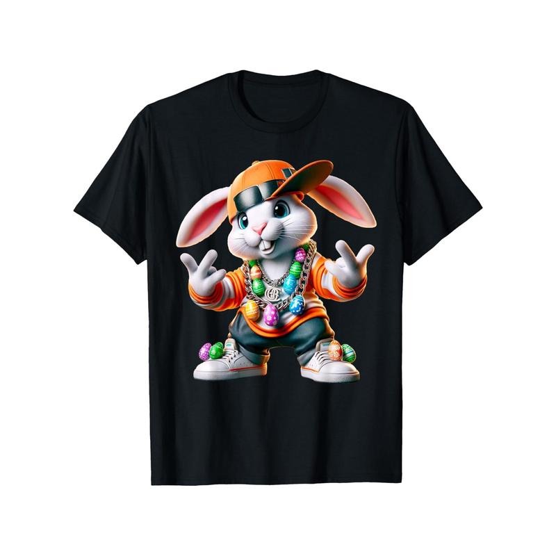 Casual Outing Easter Bunny Rapper 100% Cotton Black Colorful Beaded Necklace Casual Round Neck Perfect Easter Made USA T-Shirts