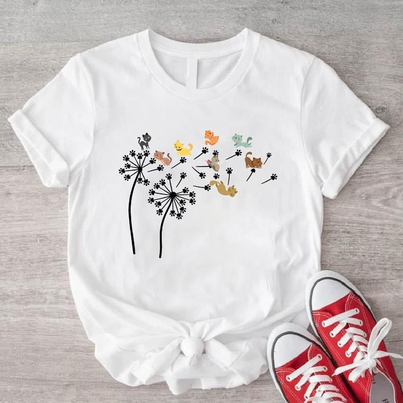 Cats Flower Fly Dandelion Cute Cat Lover Shirt Cat Dandelion Pet Owner Cute Paws Shirt T-Shirts