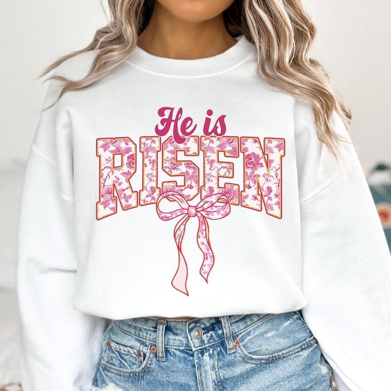 Christian Easter Coquette He Is Risen Pink Floral Chinoiserie Easter Easter Varsity Pink Toile Easter Jesus T-Shirts