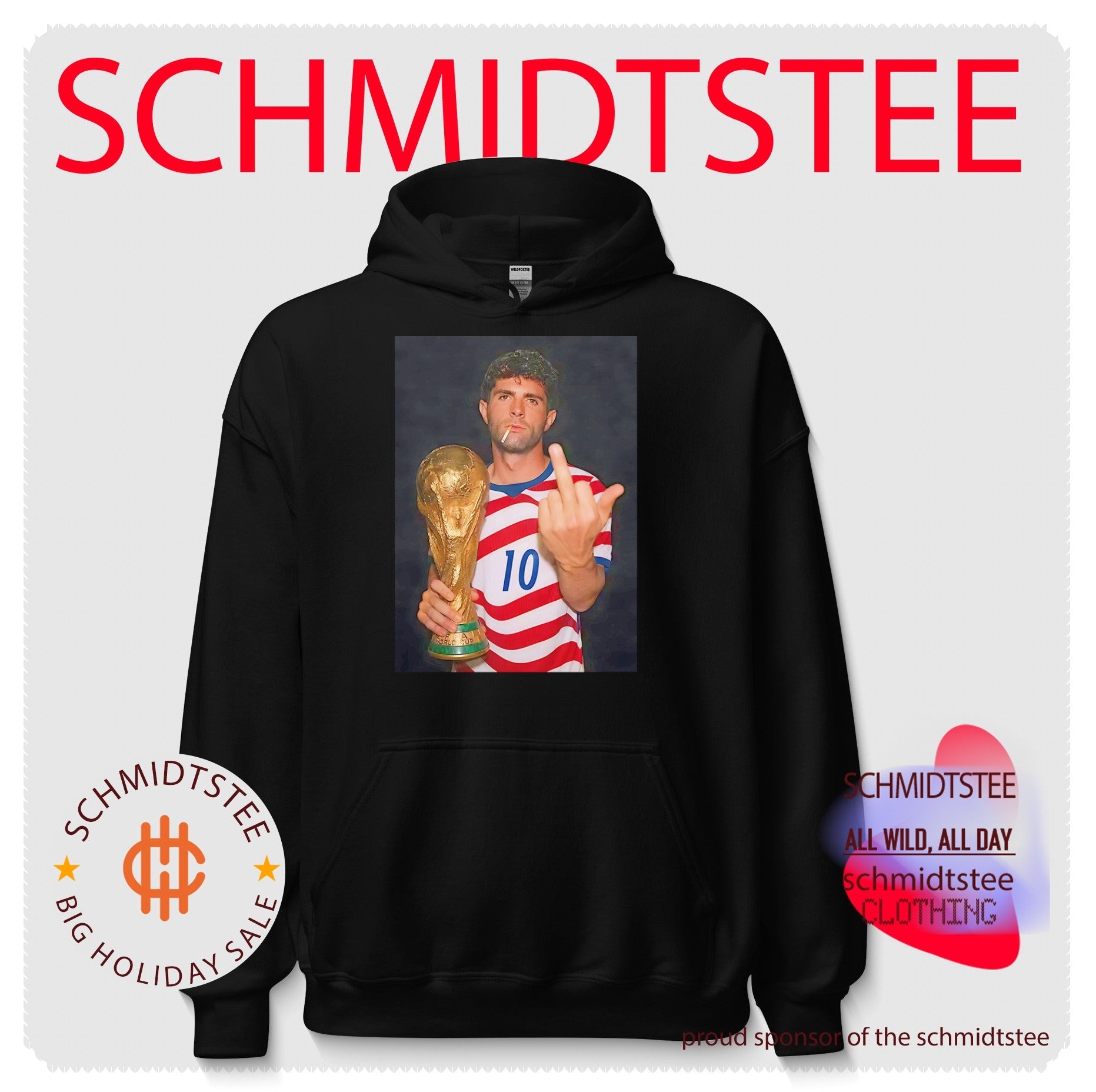 Christian Pulisic holding trophy middle finger shirt