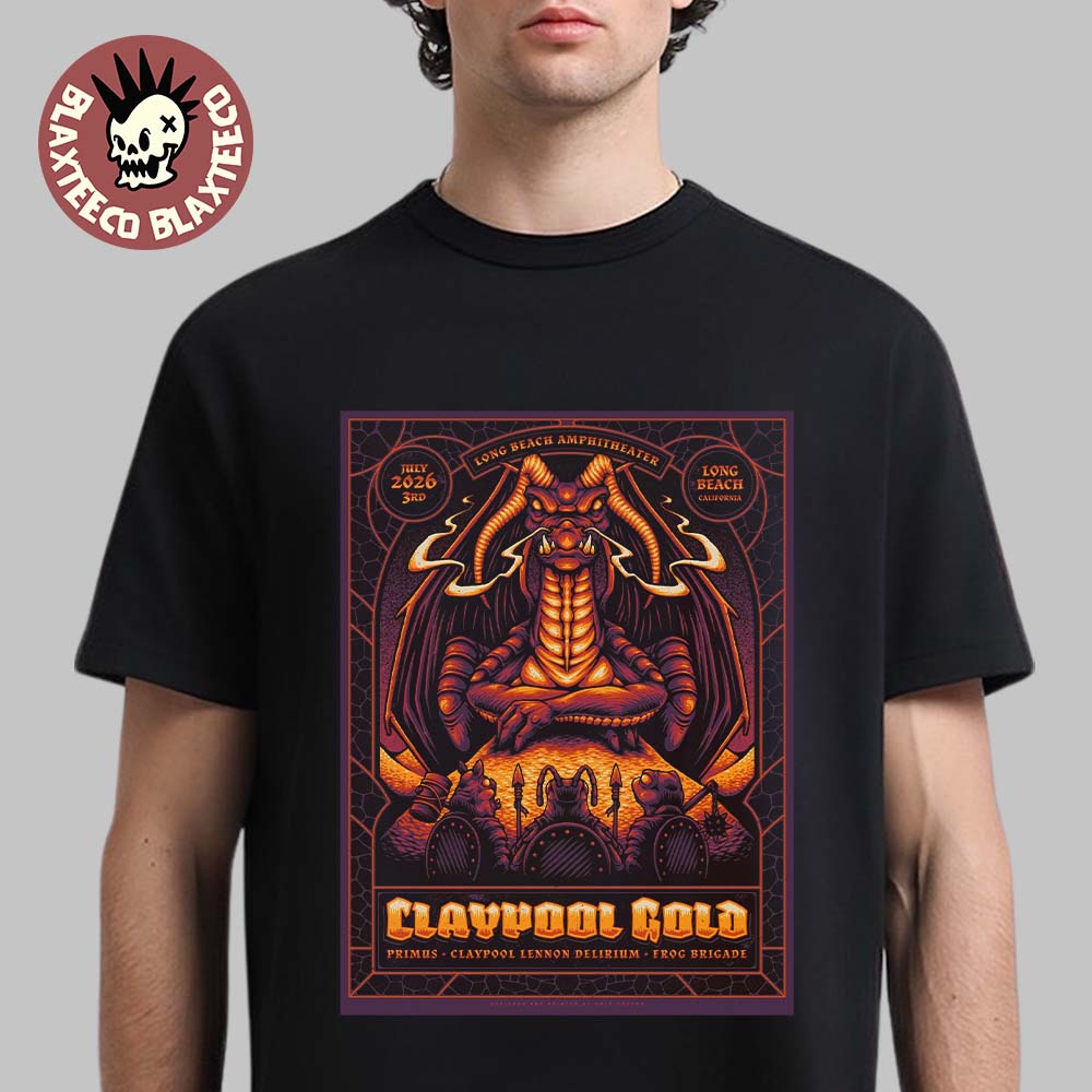 Claypool Gold Primus Claypool Lennon Delirium And Frog Brigade Long Beach California 2026 Event Poster At Long Beach Amphitheater On July 3 2026 T-Shirt