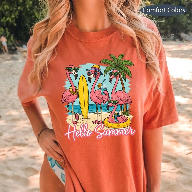 Comfort Colors Hello Summer Cute Flamingo Summer Beach Shirt Funny Vacation Tropical Animal Gen Z Cotton Fabric Top Womenswear T-Shirts