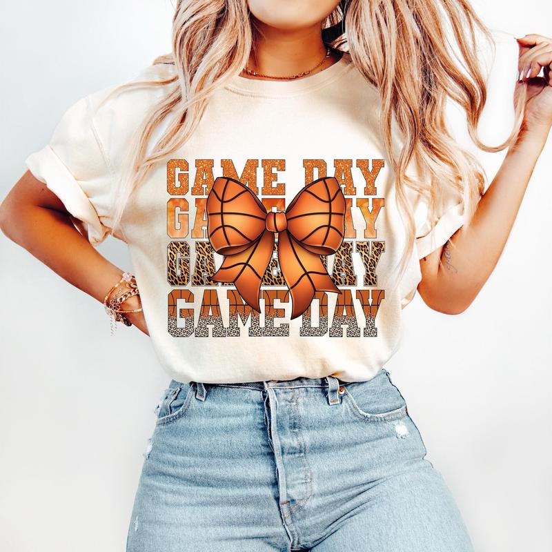 Coquette Basketball Game Day Basketball Basketball Mama Bow Glitter Leopard Print Basketball Mom Retro Basketball T-Shirts
