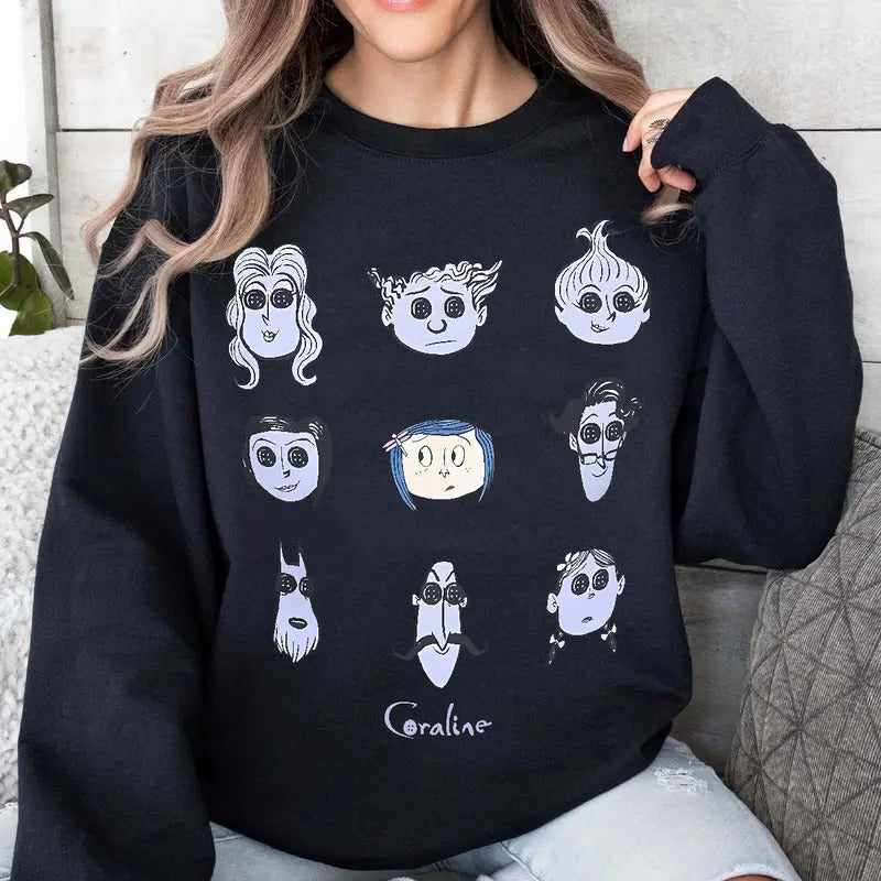 Coraline Button Face All Characters Horror Coraline Movies Horror Character Shirt Halloween T-Shirts