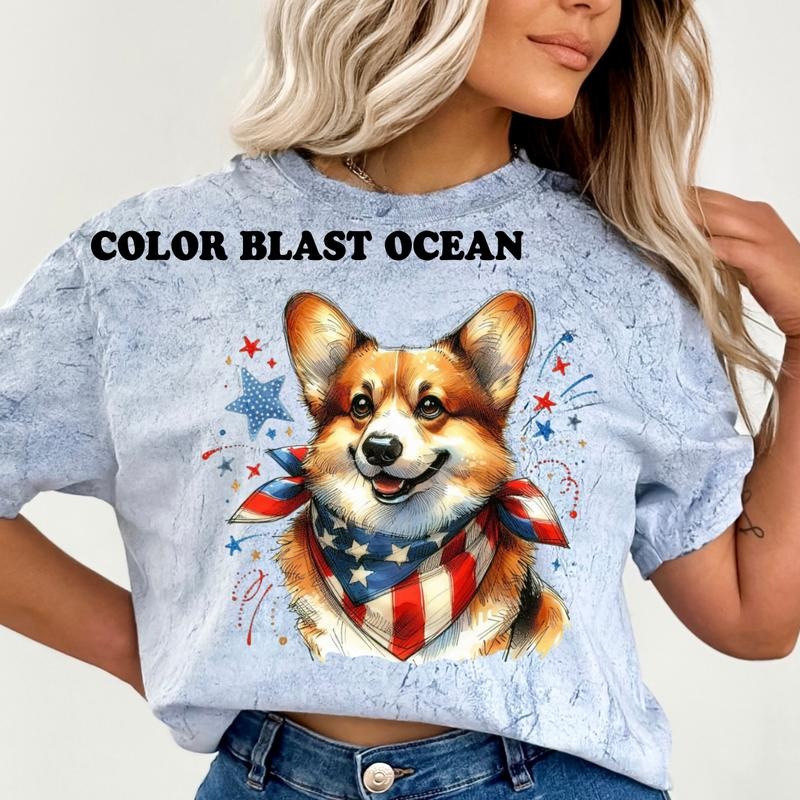 Corig Patriotic Dog Shirt ~ Relaxed Fit Printed USA Womenswear Casual Comfort Cotton Top Athletic Boho Chic T-Shirts