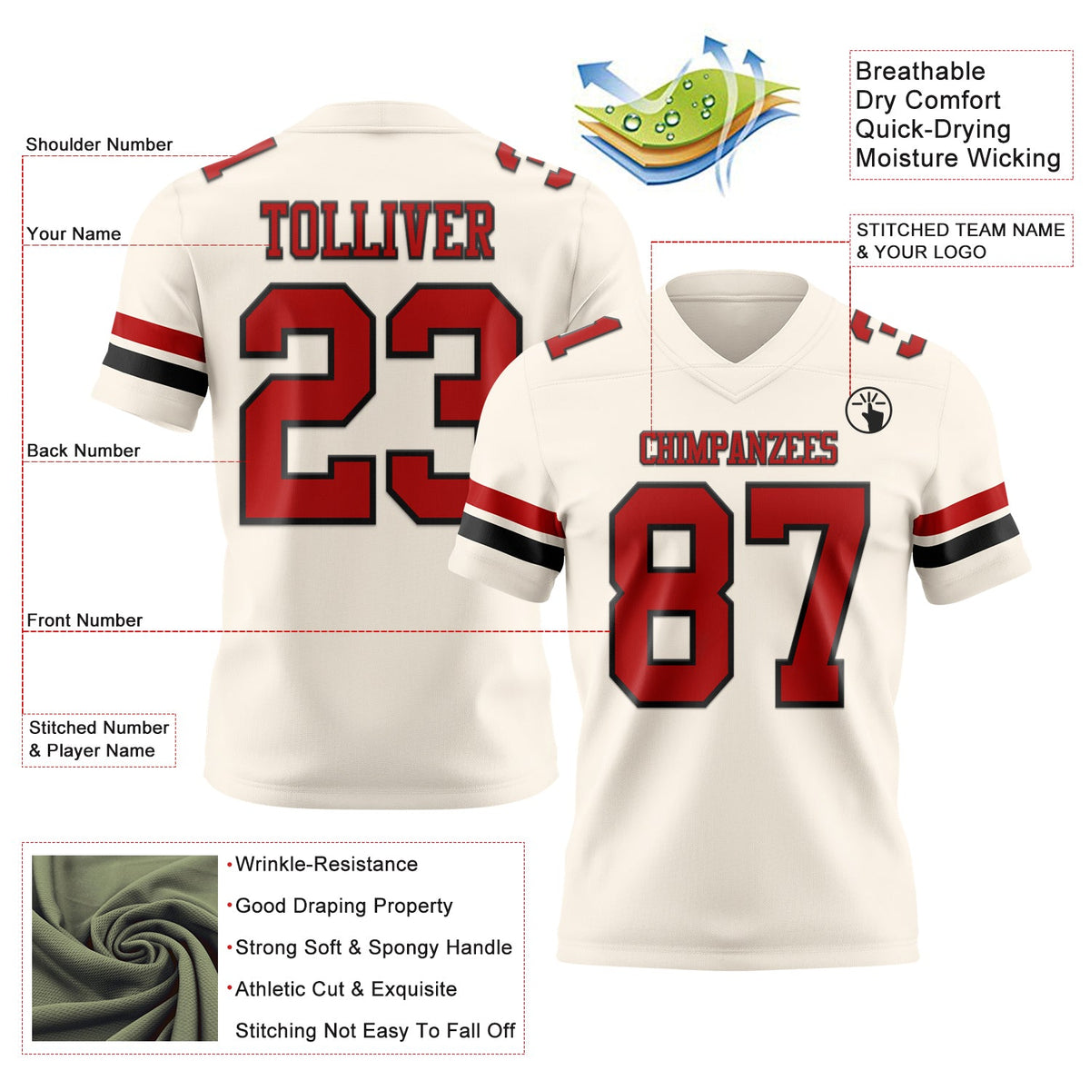 Custom Cream Red-Black Authentic Football Jersey