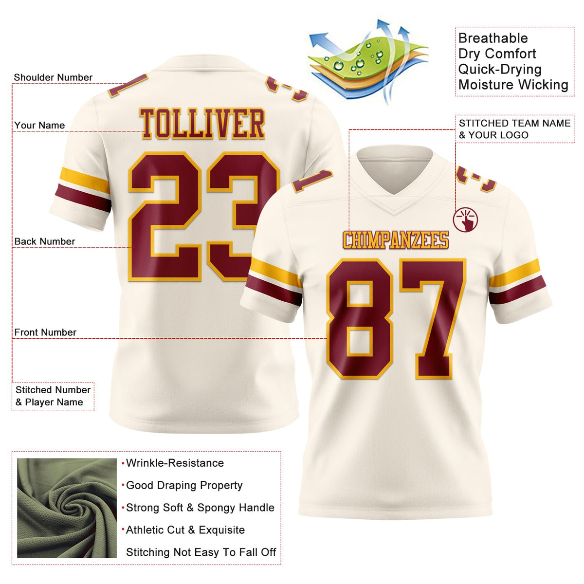 Custom Cream Crimson-Gold Authentic Football Jersey
