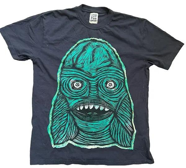 Creature Head Woodcut Appliqued Hand Printed Woodcut Menswear Cotton Top Streetwear Casual T-Shirts