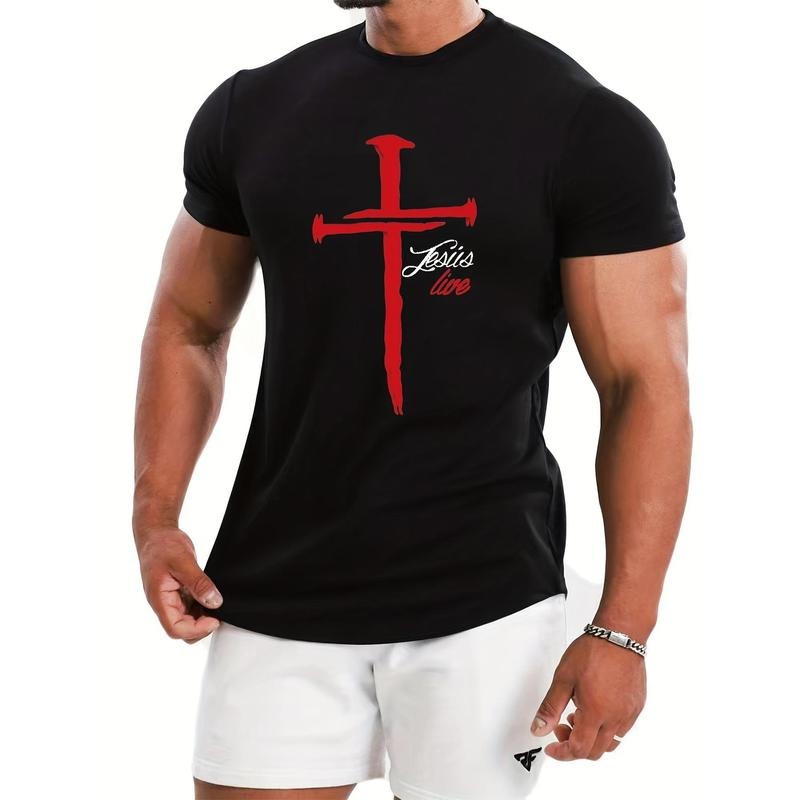 Cross & Letter JESUS LIVE Pattern Print Summer Clothes Outfits Made USA T-Shirts