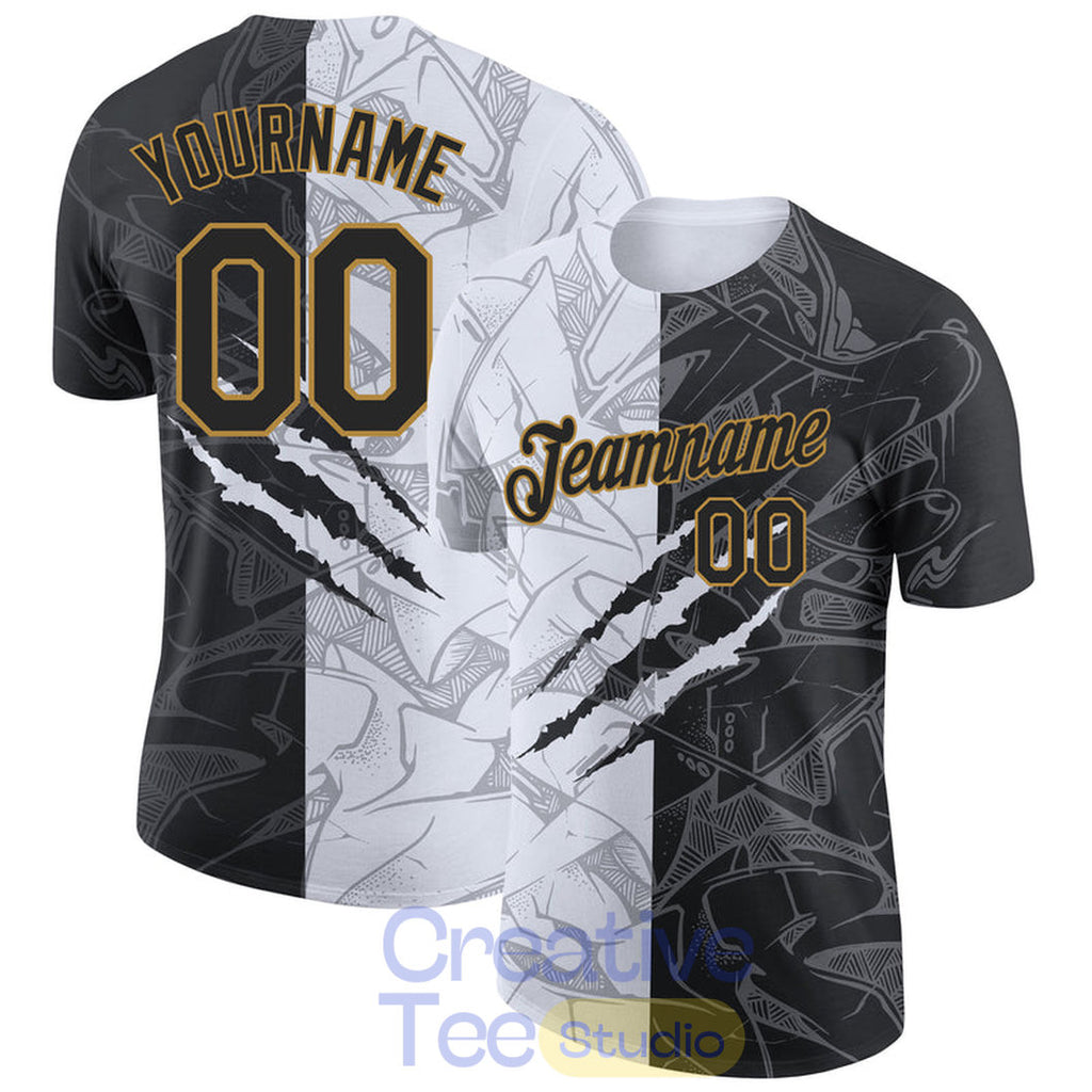 Custom Graffiti Pattern Black-Old Gold Scratch 3D Performance T-Shirt