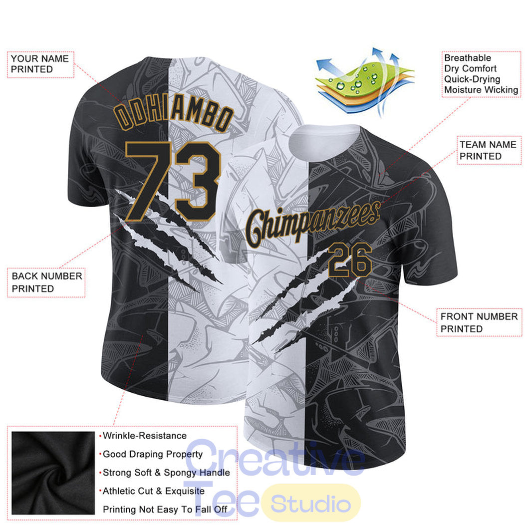 Custom Graffiti Pattern Black-Old Gold Scratch 3D Performance T-Shirt