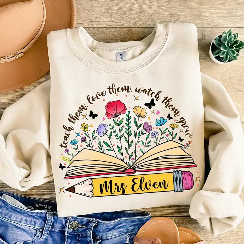 Custom Name Teacher Appreciation Shirt Teach Them Love Them Watch Them Grow Teacher Wildflowers Retro Teacher Floral 2QORW T-Shirts