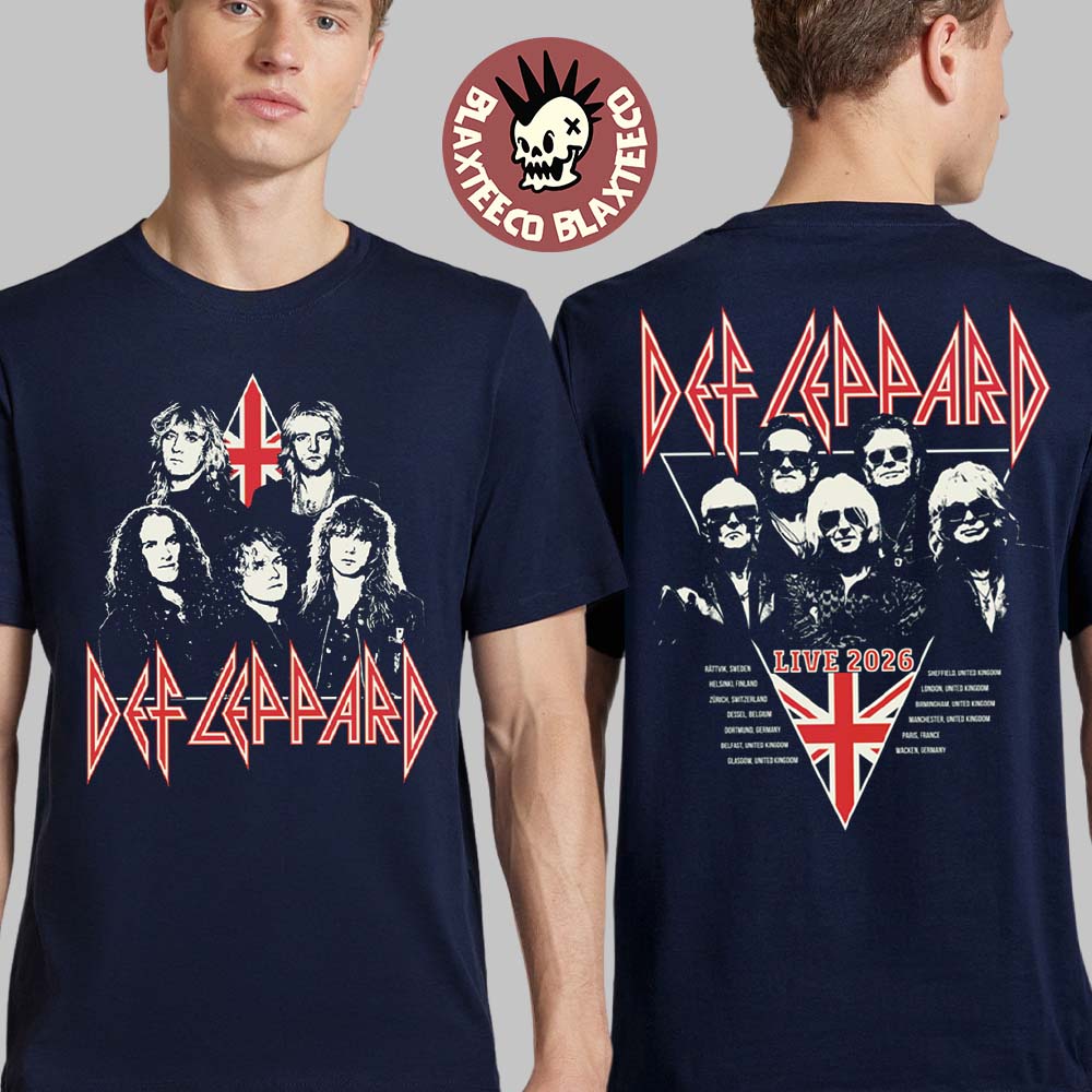 Def Leppard Live 2026 Tour UK And EU Merch Photo With Dates Vintage Modern Navy T-Shirt