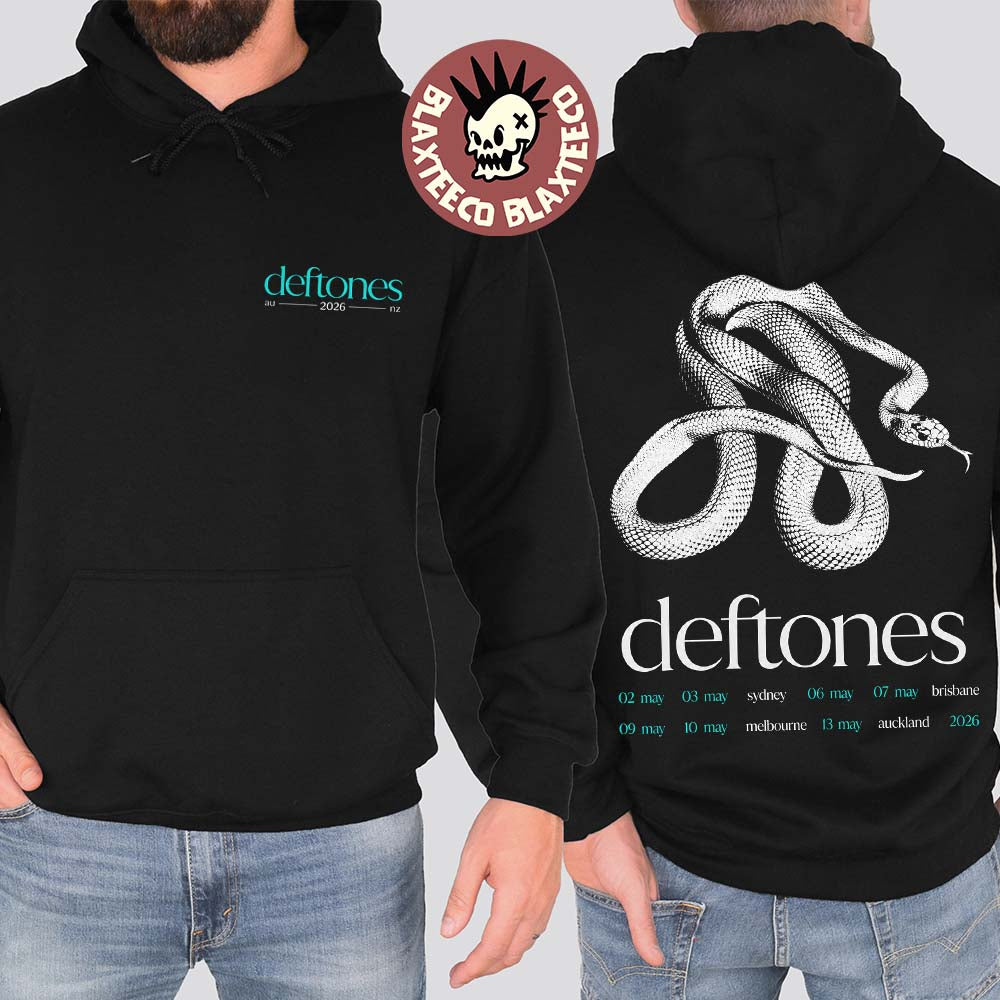 Deftones Australia And New Zealand Tour 2026 Merch Snake With Dates Two Sided Hoodie
