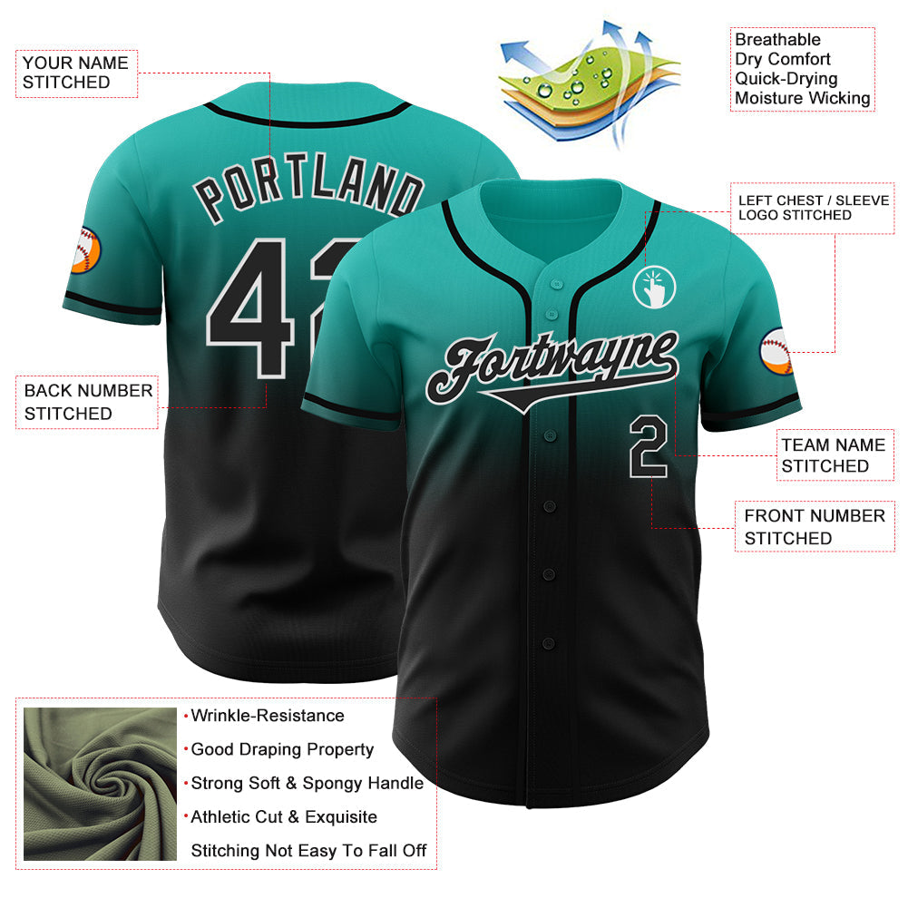 Custom Aqua Black-White Authentic Fade Fashion Baseball Jersey