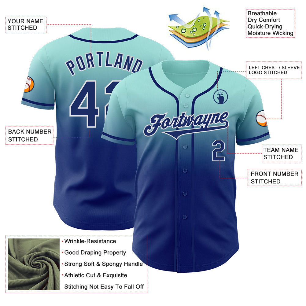 Custom Ice Blue Royal-White Authentic Fade Fashion Baseball Jersey