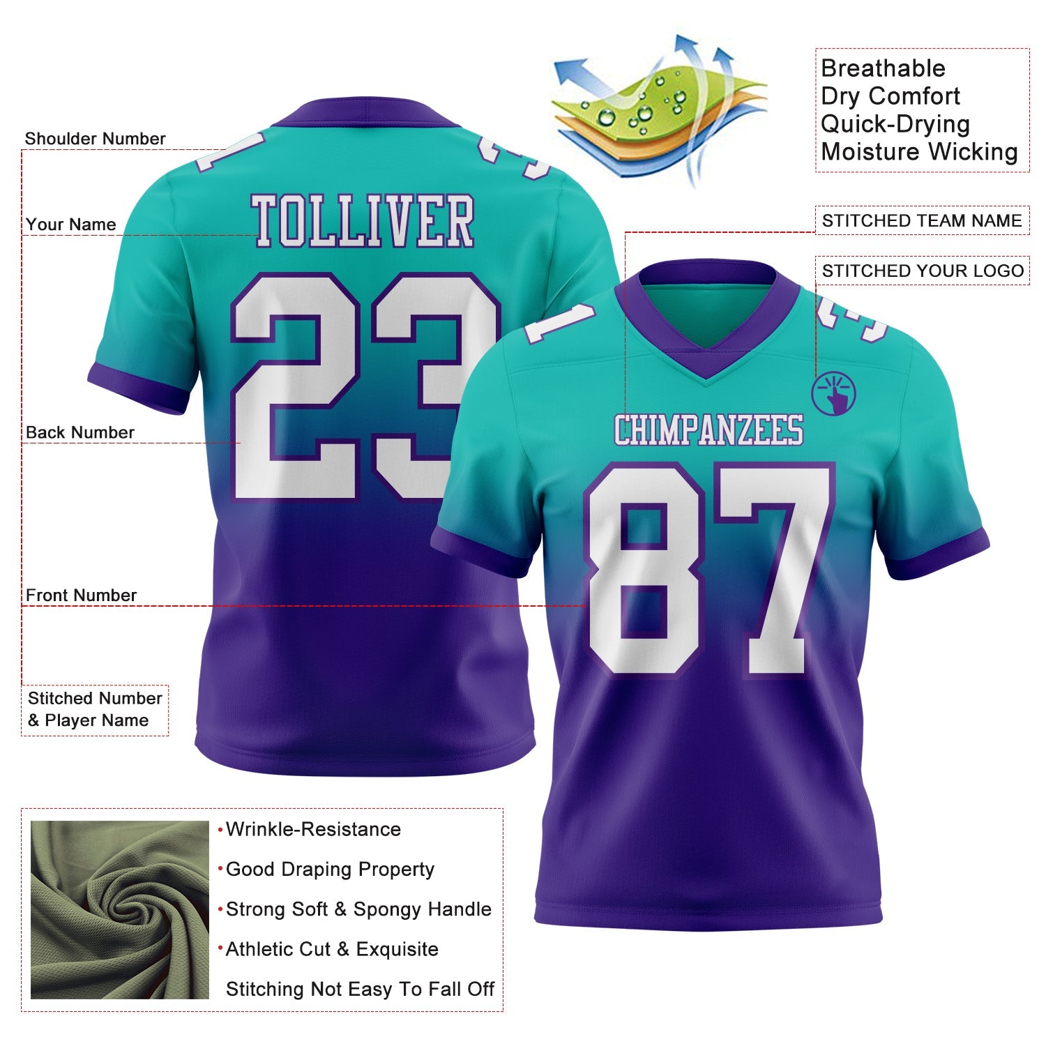Custom Aqua White-Purple Authentic Fade Fashion Football Jersey