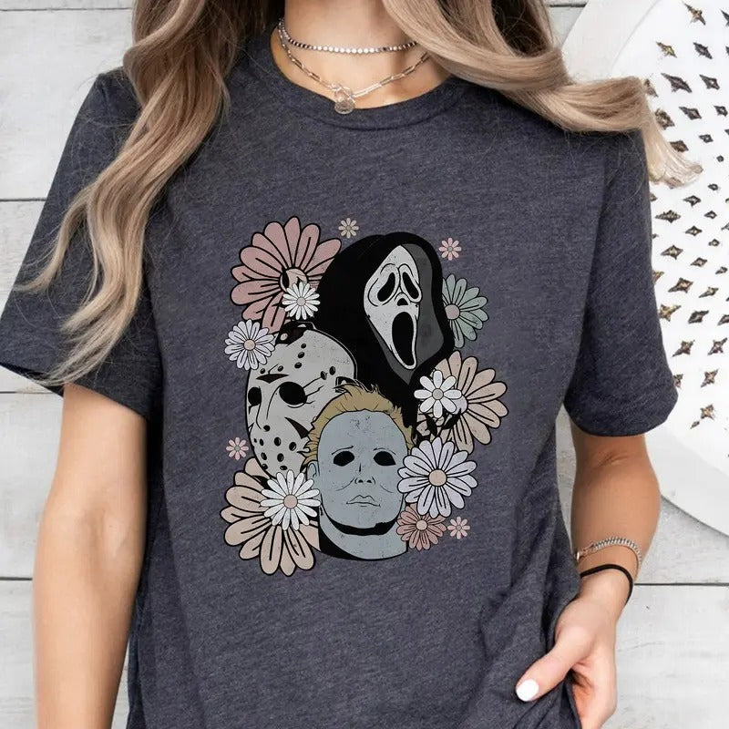 Floral Horror Movies Halloween Shirt 90s Halloween Retro Halloween Her T-Shirts
