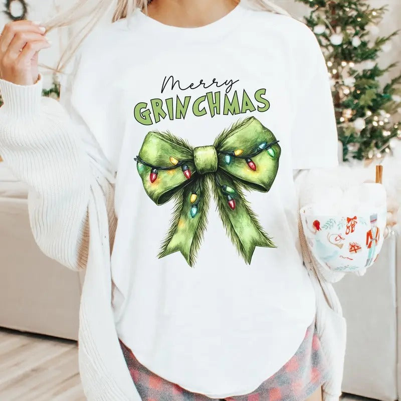Funny Shirt Coquette Bow Merry Grinchmas Comfort Colors Party Party Green Bow Shirts Season T-Shirts