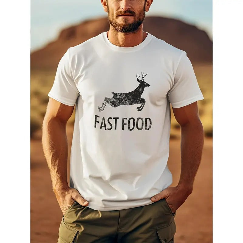 Funny Deer Hunting Short Sleeve Fast Food Print Humorous Hunters Outdoor Enthusiasts Lightweight Breathable Soft Fabric Casual Made USA T-Shirts