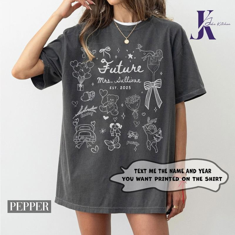 Future Mrs Shirt Custom Bride Shirt Engagement Bride Be Fiance Her Engaged Shirt Engagement Party Forest Green Heavy Cotton Gildan 5000 Crew Neck Drop Shoulder Long Sleeve Casual Top Check Ribbed T-Shirts