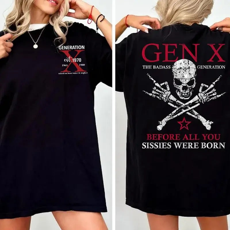Gen X Badass Generation Craxy Skeleton Shirt Cotton Comfort Casual Black & Navy 100% US Cotton Short Sleeve Top Womenswear T-Shirts