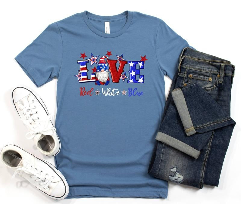 Gnome Shirt 4th July Gnomes Shirt Love Red White Blue July 4th Independence Day Shirt Patriotic Gnomes Shirt American Gnome T-Shirts
