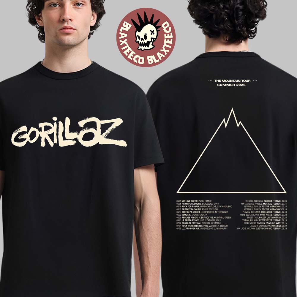 Gorillaz The Mountain Tour Summer 2026 Europe And UK Merch Logo With Dates Back Two Sided T-Shirt
