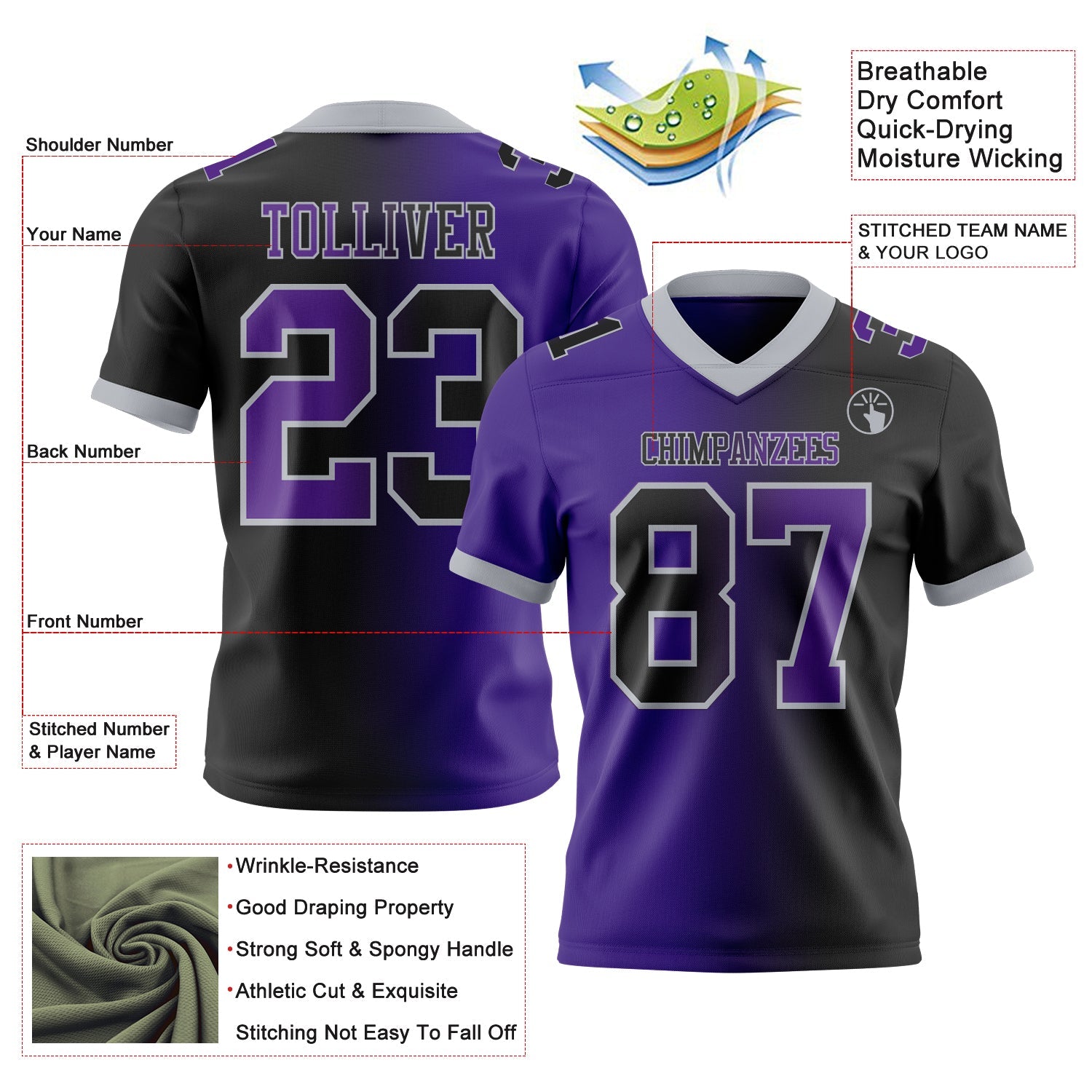 Custom Black Purple-Gray Authentic Gradient Fashion Football Jersey