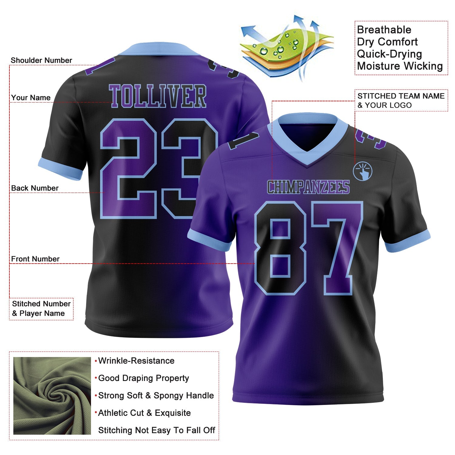 Custom Black Purple-Light Blue Authentic Gradient Fashion Football Jersey