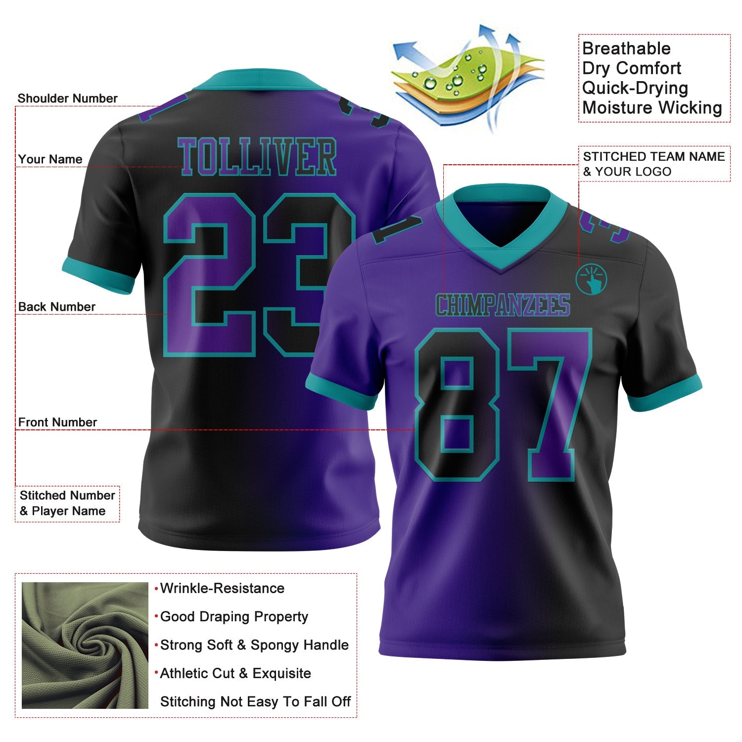 Custom Black Purple-Teal Authentic Gradient Fashion Football Jersey