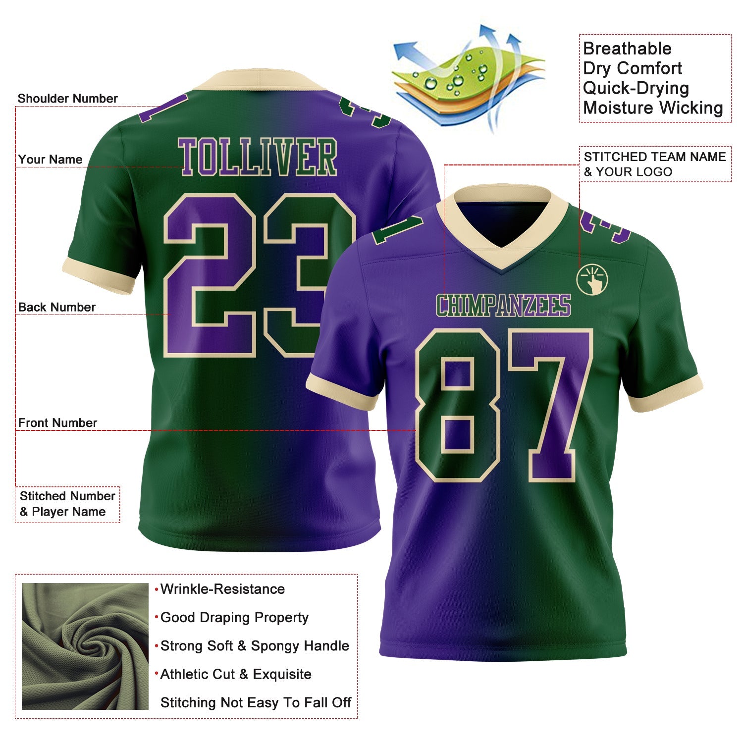 Custom Green Purple-Cream Authentic Gradient Fashion Football Jersey