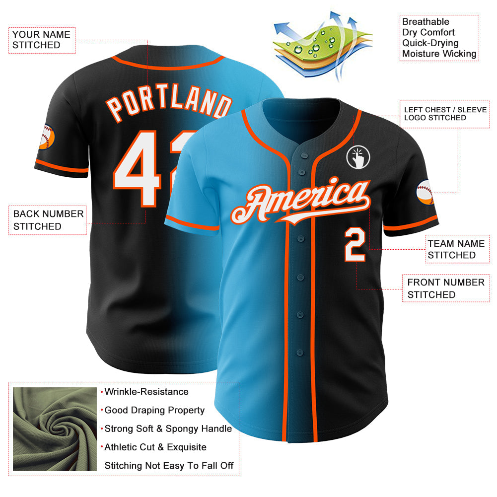 Custom Black White Sky Blue-Orange Authentic Gradient Fashion Baseball Jersey