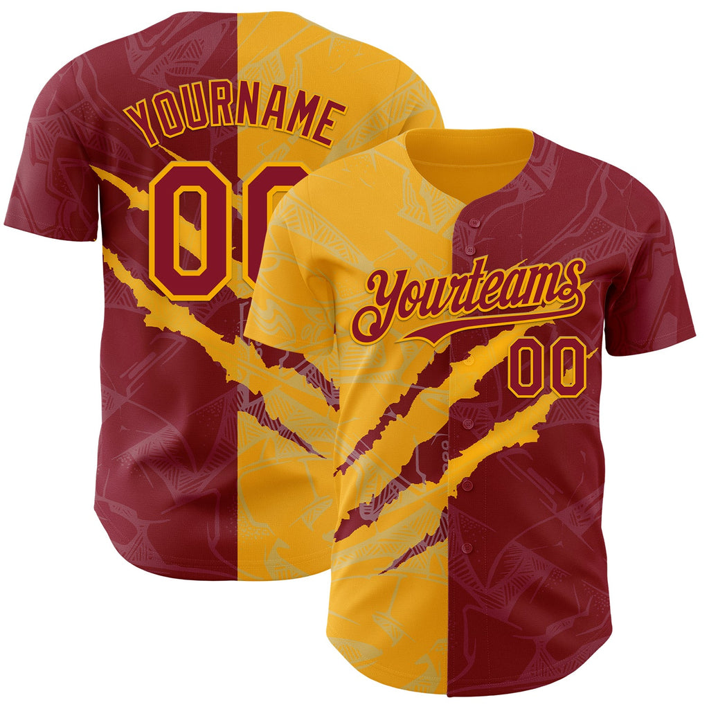 Custom Graffiti Pattern Crimson-Gold 3D Scratch Authentic Baseball Jersey