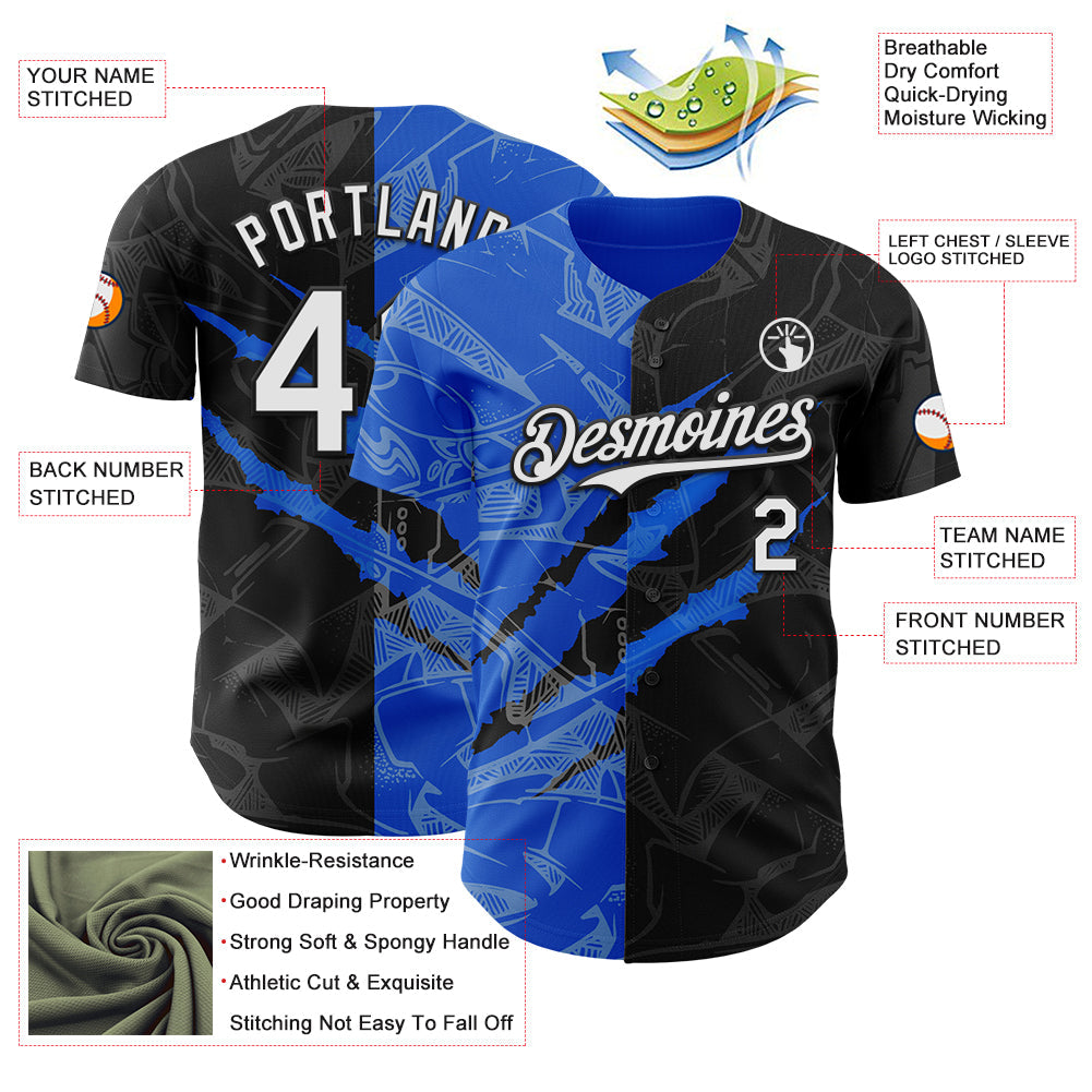 Custom Graffiti Pattern White Black-Thunder Blue 3D Scratch Authentic Baseball Jersey