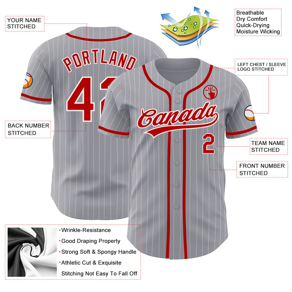 Custom Gray White Pinstripe Red Authentic Baseball Jersey