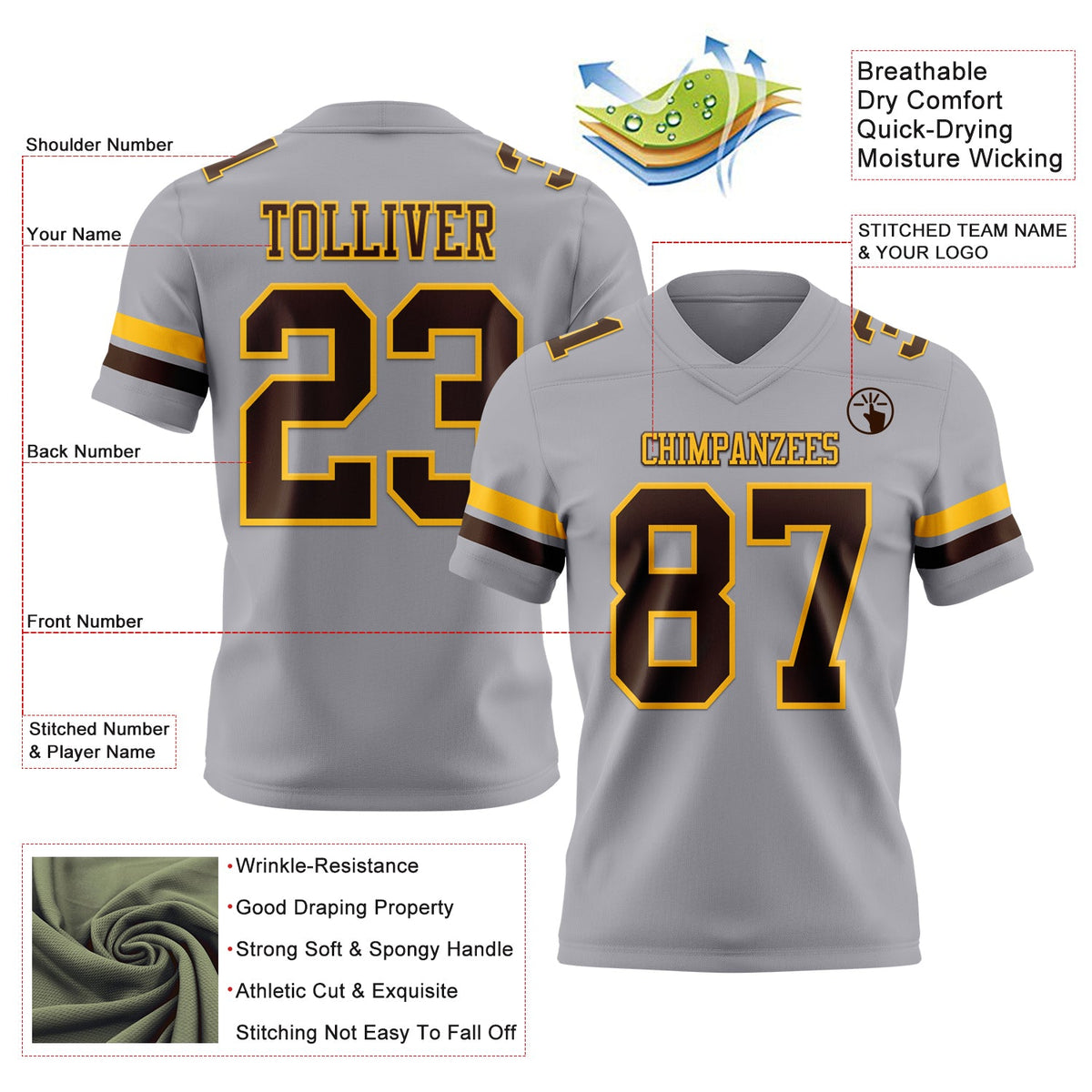 Custom Gray Brown-Gold Authentic Football Jersey